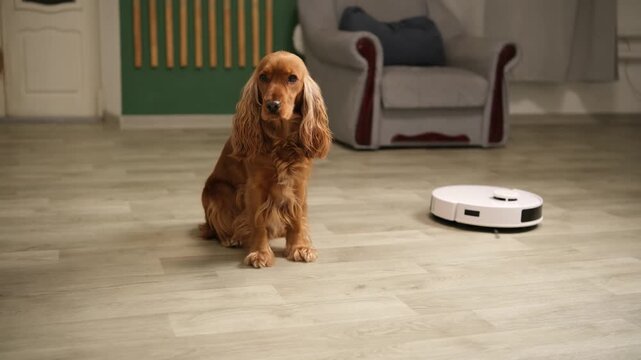 Adorable english cocker spaniel sitting on the floor, curiously observing a white robotic vacuum cleaner moving around the room. Smart home technology helps with domestic chores