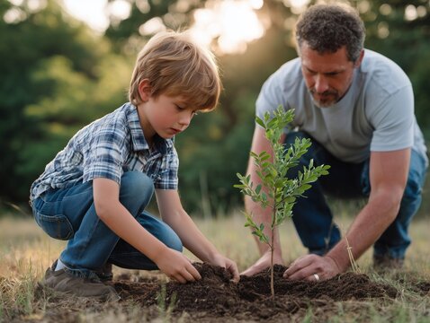 Father and son planting a young tree together, teaching environmental responsibility
