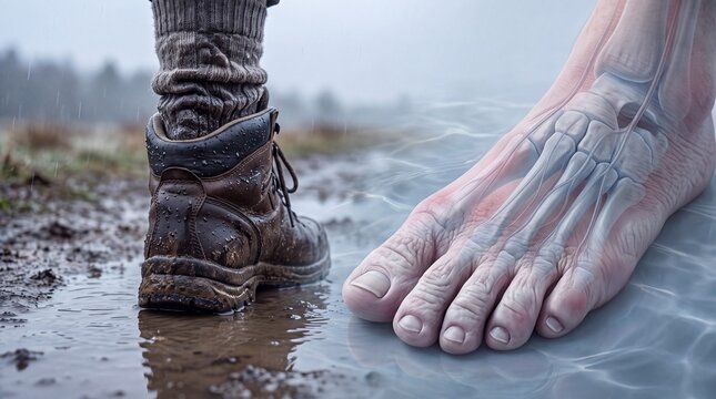 Cold Wet Exposure With Foot and Boot in Muddy Water