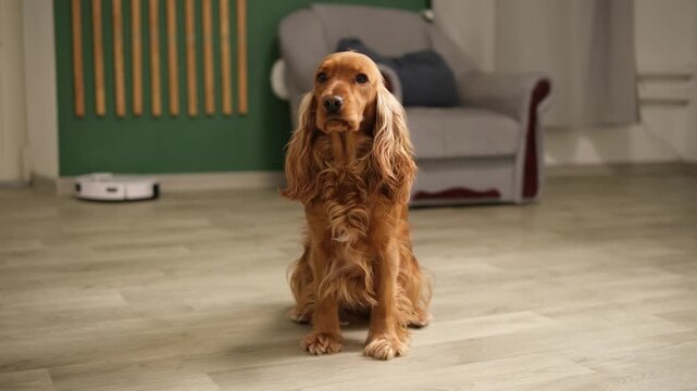Cute purebred english cocker spaniel with long ears sitting on the laminate floor, curiously looking around in a modern living room while a robot vacuum cleaner works in the background