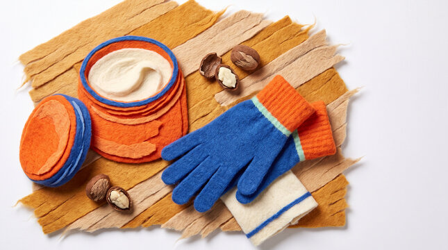 Gloves and hand cream on a textured background with nuts  