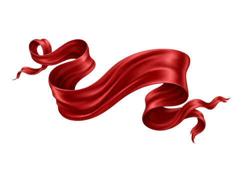 A beautiful flowing red silk ribbon banner with elegant curves and realistic fabric texture presented as an isolated on transparent background