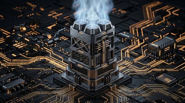 futuristic cpu processor with cooling steam | advanced artificial intelligence microchip technology | glowing circuit board with golden energy traces | high tech computer hardware concept