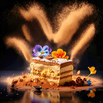 Layered sponge cake slice with cream filling and fresh flowers. Dynamic cocoa powder explosion in the background. Elegant dessert on reflective surface