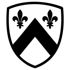 Heraldic shield icon featuring a chevron shape and two fleur de lis symbols in black with graphic bold chevron emblem graphic emblem design © Vectscape