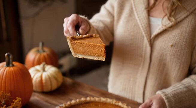 Person serving a slice of homemade pumpkin pie on a cozy autumn table with pumpkins, fall decor, candles and warm lighting