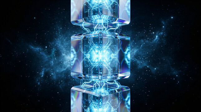 Futuristic blockchain technology concept | Quantum computing data storage cubes | Glowing digital circuit glass cubes in space | Advanced artificial intelligence energy core | Sci-fi abstract blue neb