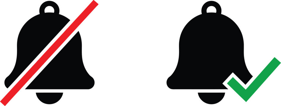 Bell notification on and off icons, disabled and enabled symbols