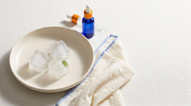 Ice cubes in a bowl next to serum and towel for skincare routine  