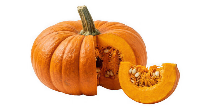 A whole pumpkin with a slice cut out isolated on transparent background