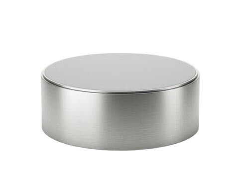 A sleek brushed metal cylindrical pedestal or display base for product photography presented as an isolated object on transparent background isolated on transparent background