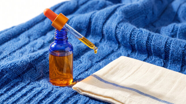 Nourishing face oil dropper placed on a blue knitted fabric  