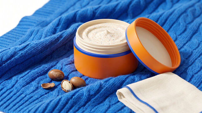 Exfoliating scrub in orange container on blue textured fabric  