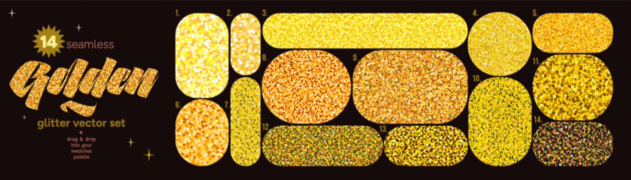 Golden glitter pattern swatch with seamless sparkle texture in yellow and amber. Shiny sequin shapes sit on black. Luxury glitter shimmer for holiday cards and prints. Drag to swatches panel to use