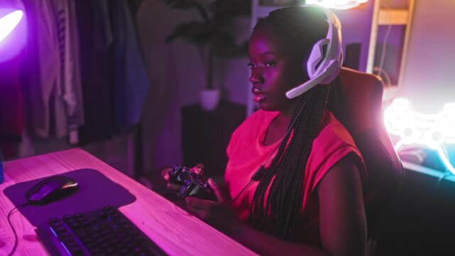Young woman holds game controller in hands, wearing headset and smiling while leaning at a desk with neon controller sign in studio; joyful concentration.