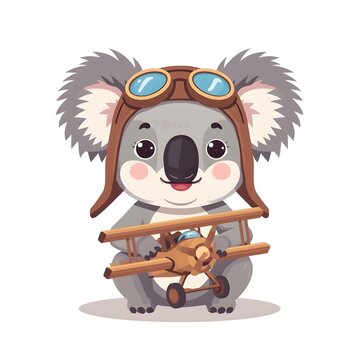 Minimalist vector illustration of a cute baby koala wearing an aviator hat with goggles and holding a biplane toy, isolated on white background
