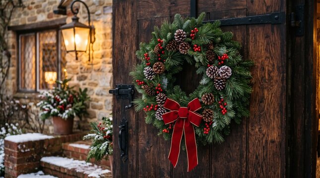 Traditional pine Christmas wreath with red ribbons and pinecones on dark wooden door, cozy holiday background.