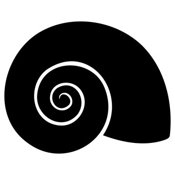 Black silhouette of a spiral sea snail shell isolated on a plain dark background with centered solid background spiral mollusk illustration