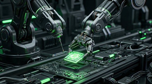 Automated robotic assembly of microchips | High tech industrial manufacturing process | AI powered electronics production line | Advanced robotics in semiconductor fabrication