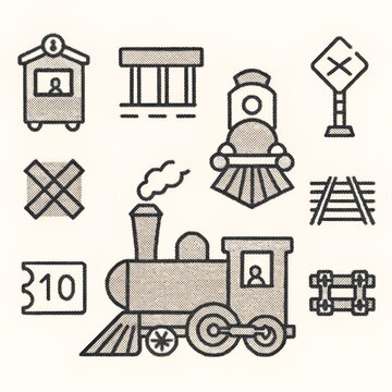 Train locomotive illustration with various railway symbols and elements