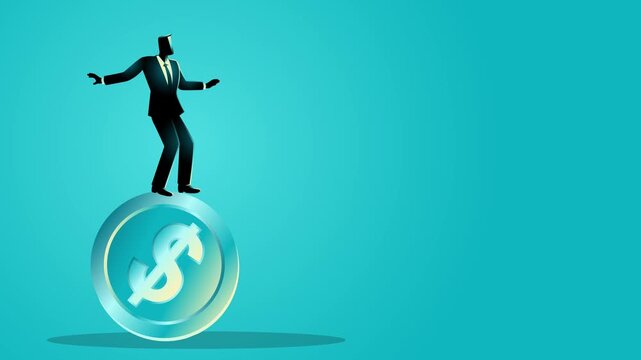 Businessman balancing on a dollar coin representing dollar at risk, financial investment risk and uncertainty, money management, business instability.
