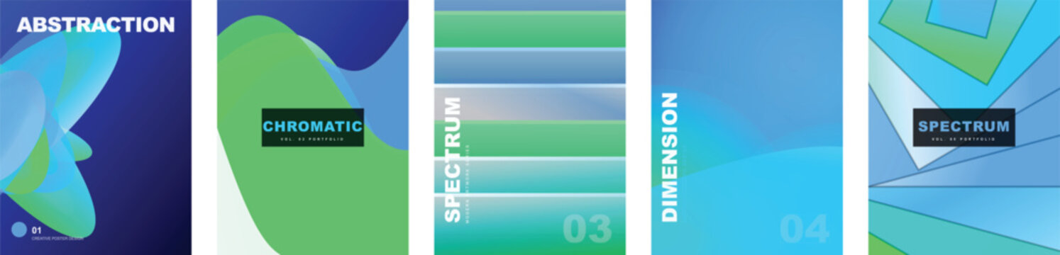Vibrant blue and green gradient poster templates set. Vector modern cover layouts with fluid organic blobs, horizontal striped bands, layered geometric triangles and soft glows for brand design
