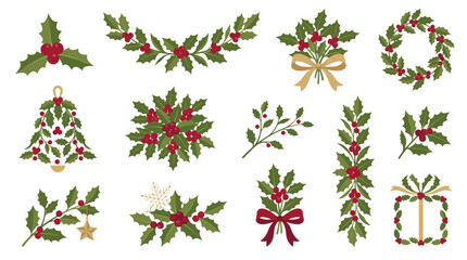 Fototapeta premium Collection of festive christmas wreaths and decorations with holly and ribbons