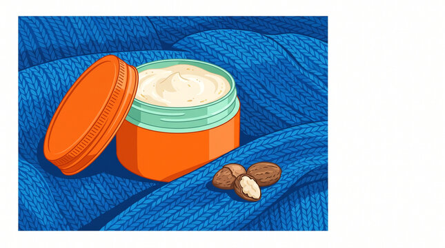 Shea butter cream in a jar next to cocoa beans on a blue background  