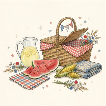 Picnic basket with fresh watermelon slices, lemonade in a glass pitcher, corn on the cob, and a soft blanket for a summer outdoor lunch
