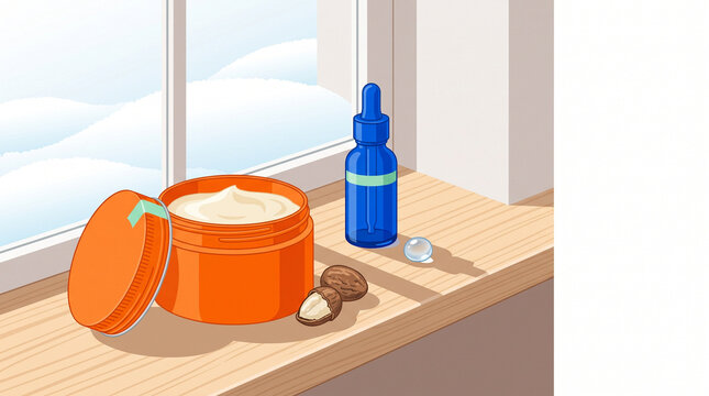 Skincare products on a wooden window sill with snowy background  