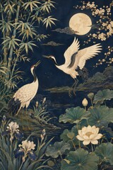 Obraz premium Japanese-style cranes, bamboo, lotus flowers, moonlit lake