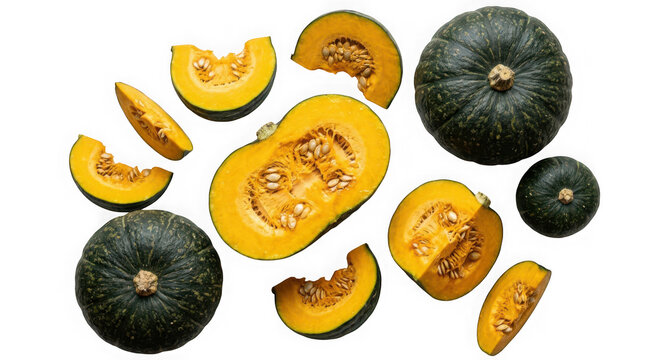 Fresh kabocha squash, whole and sliced, isolated on transparent background