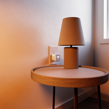 Modern wooden bedside table with smart plug and warm-toned table lamp in minimalist bedroom setting