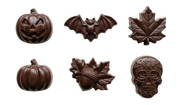 Set of various chocolate candies for halloween and autumn isolated on transparent background