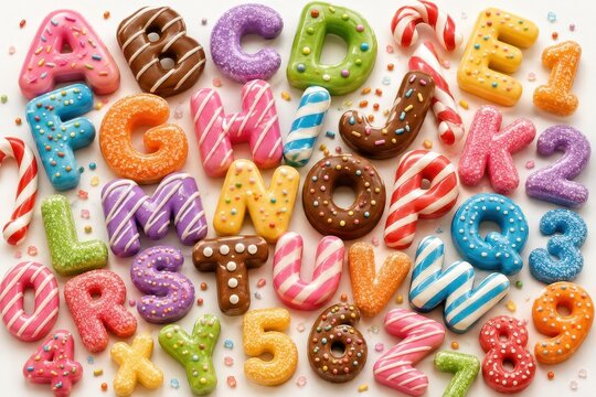 Colorful candy alphabet letters and numbers on white background