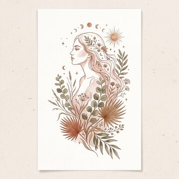Beautiful woman portrait with floral elements and celestial moon sun symbols in a boho line art illustration style