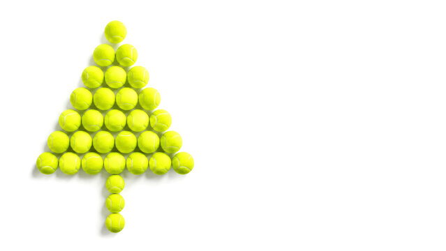 Christmas tree shape created from tennis balls on a white background. Ideal for sports holiday campaigns, tennis club promotions, creative greeting cards, and event banners.