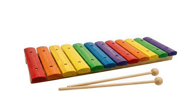 Colorful wooden xylophone musical instrument with two mallets isolated on transparent background