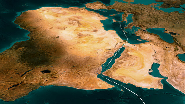 Dotted maritime shipping route from Mediterranean through Suez Canal and Red Sea to Indian Ocean on 3D satellite map of Africa, Europe and Middle East