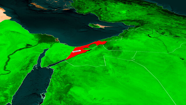 Israel highlighted in red on green 3D satellite map with country label, Mediterranean coast, Nile Delta, Red Sea and Levant neighboring countries