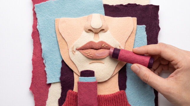 Hand applying lip balm to chapped lips in a colorful artistic setting  
