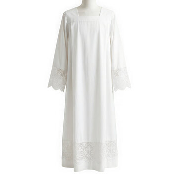 White liturgical alb with lace trim and cross embroidery isolated on transparent background