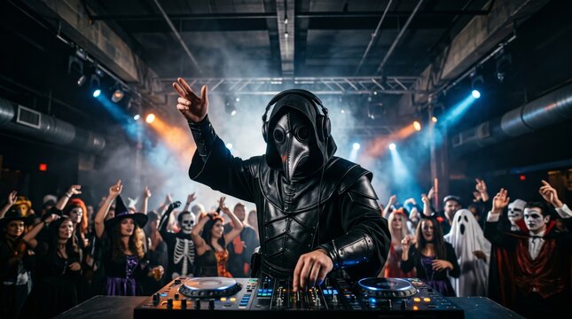 Plague doctor DJ in a black beaked mask mixes music for a costumed crowd at a Halloween nightclub with stage lights