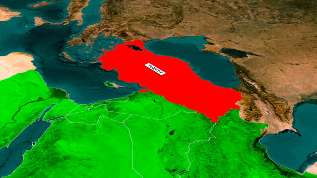 Turkey highlighted in red on 3D satellite terrain map with country label, Anatolia between Black Sea and Mediterranean, neighboring Syria and Iraq in green