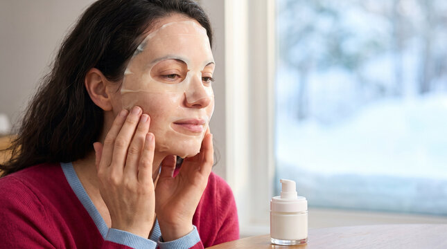 Woman applying facial mask for dry skin in winter beside window  