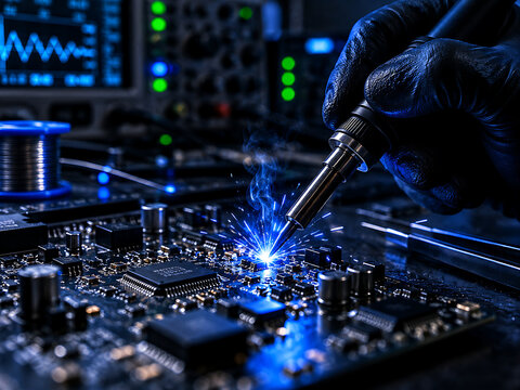 Electronics repair with soldering iron on circuit board in a high tech laboratory setting