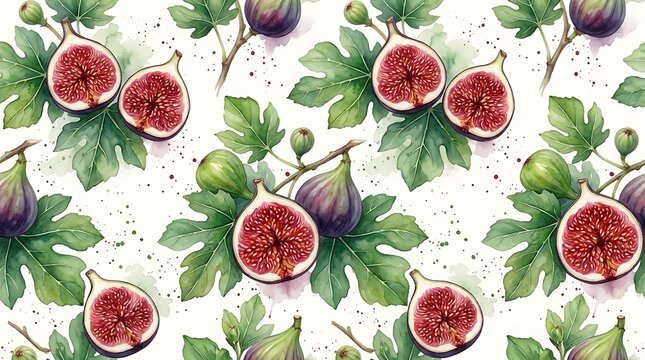 Watercolor seamless pattern with fresh ripe figs and green leaves