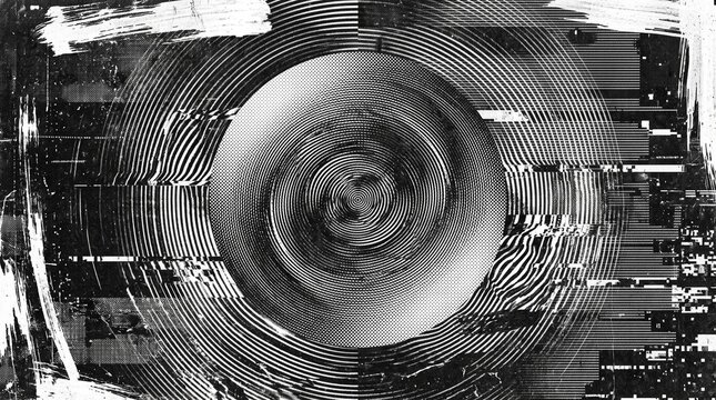 Abstract black and white circular glitch pattern with digital noise and halftone texture effects