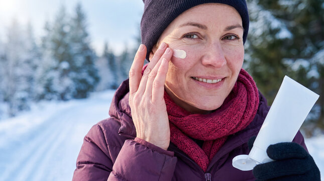 Mature woman applying sunscreen on face while winter hiking  