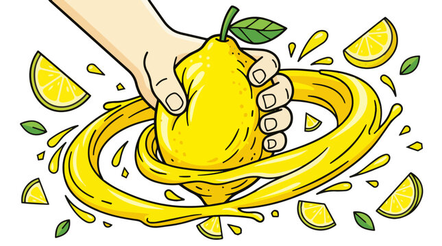 A hand squeezing a fresh yellow lemon with splashing juice